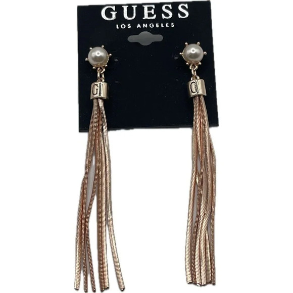 Guess Logo Rose-Gold Tone Pearl Accent Linear Fringe Tassel Drop Stud Earrings - Picture 3 of 3